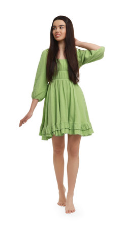 Beautiful girl in green dress on white backgroundの写真素材