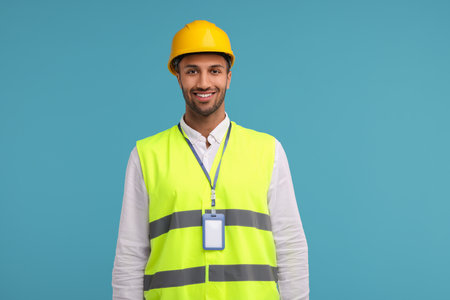 Engineer with hard hat and badge on light blue backgroundの写真素材