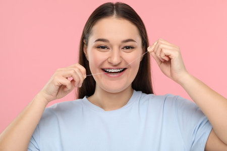 Smiling woman with braces cleaning teeth using dental floss on pink backgroundの写真素材