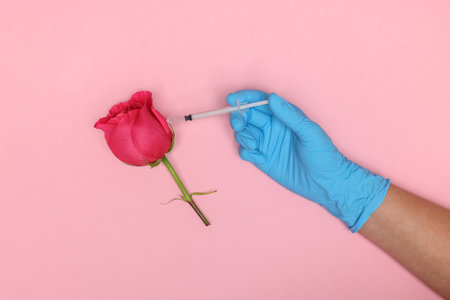 Doctor making injection to rose on pink background, top viewの写真素材