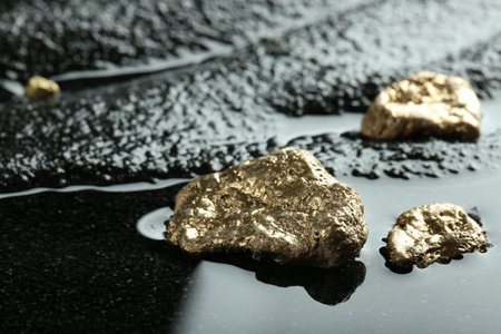 Shiny gold nuggets on wet black stone, closeup. Space for text
