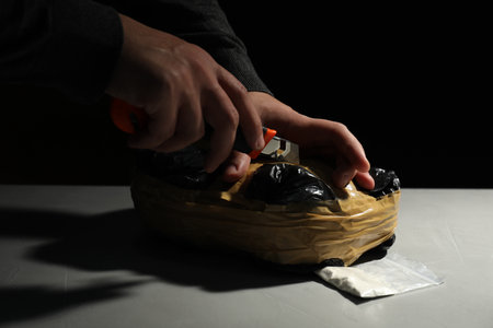Smuggling and drug trafficking. Man opening package of narcotics with box cutter at light table...