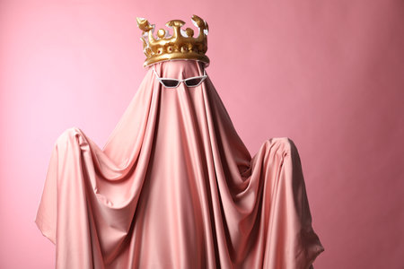 Glamorous ghost. Woman in sheet with sunglasses and crown on pink backgroundの写真素材