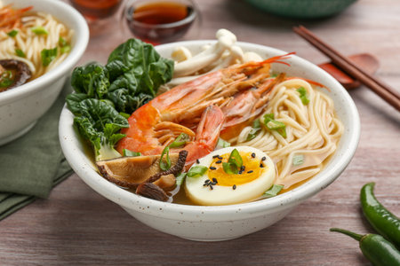 Delicious ramen with shrimps and egg in bowl on wooden table, closeup. Noodle soupの写真素材