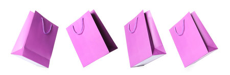 Violet shopping bag isolated on white, different sidesの写真素材