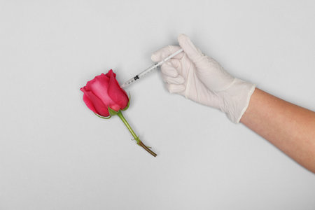 Doctor making injection to rose on light gray background, top viewの写真素材
