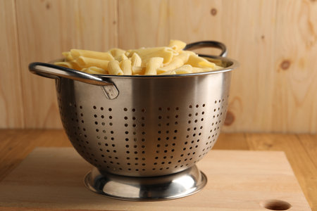 Cooked pasta in metal colander on wooden table, closeupの写真素材