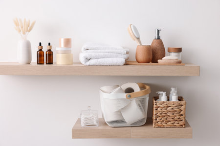 Different bath accessories and personal care products indoorsの写真素材