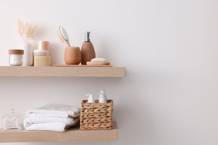 Different bath accessories and personal care products indoors, space for textの写真素材
