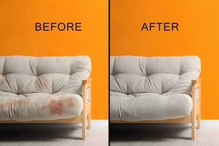 Sofa before and after dry-cleaning near orange wall indoors, collageの写真素材