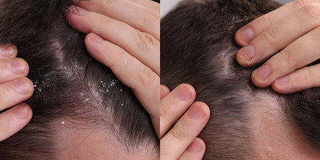 Man showing hair before and after dandruff treatment, collageの写真素材