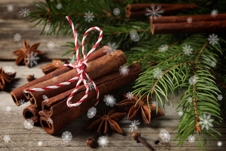 Different spices and fir tree branches on wooden table, closeup. Cinnamon, anise, clovesの写真素材