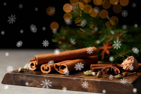 Different spices and fir tree branches on gray table, closeup. Cinnamon, anise, cardamom, cloves, nutmegの写真素材