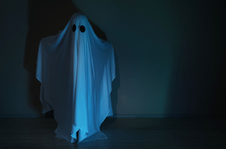 Creepy ghost. Woman covered with sheet in color light, space for textの写真素材