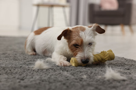 Cute dog playing with toy on carpet with pet hair at homeの写真素材