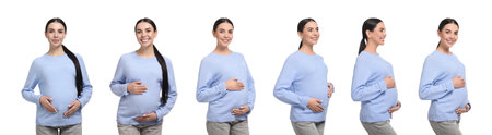 Pregnant woman on white background, collection of photosの写真素材