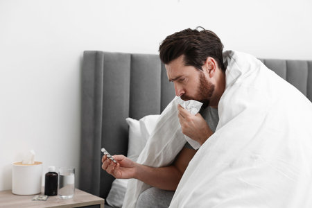 Sick man with tissue coughing on bed at home. Cold symptomsの写真素材