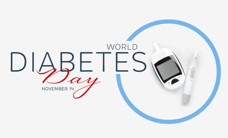 World Diabetes Day. Digital glucometer, test strip and lancet pen on white background, top view. Banner designの写真素材