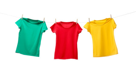 Different bright t-shirts drying on washing line against white backgroundの写真素材