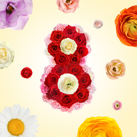 International Women's Day - March 8. Card design with number 8 of bright flowers on light yellow...