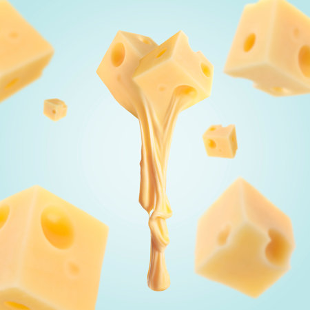 Pieces of cheese falling on light blue backgroundの写真素材