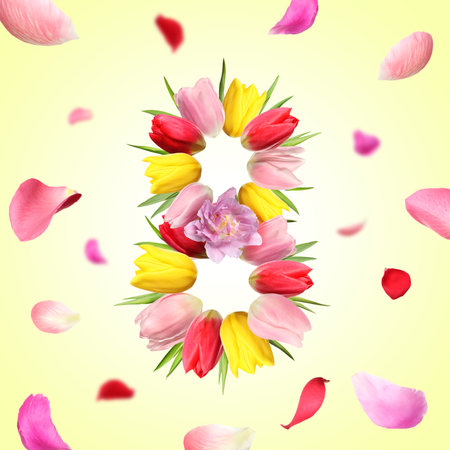 International Women's Day - March 8. Card design with number 8 of bright flowers on light yellow...