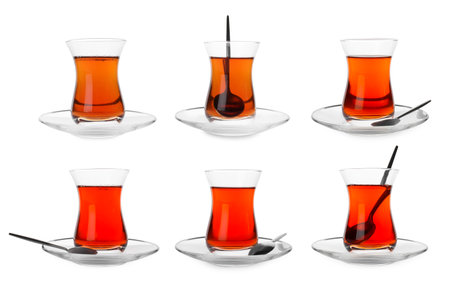 Traditional Turkish tea in glasses isolated on white, setの写真素材