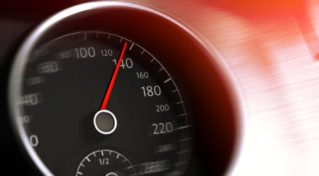 Speedometer on car dashboard, closeup. Motion blur effect. Banner design
