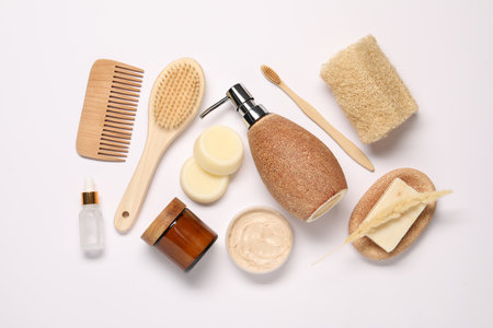 Bath accessories. Different personal care products on white background, flat layの写真素材