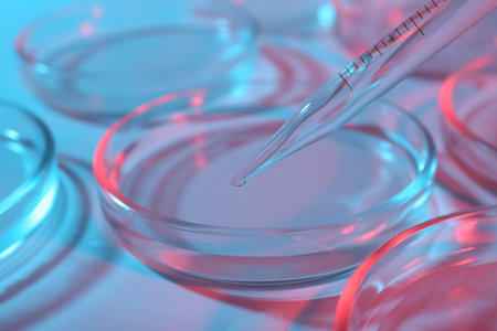 Dripping liquid from pipette into petri dish on light blue background, closeupの写真素材