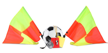 Soccer ball and different referee equipment isolated on white