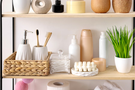 Different bath accessories, personal care products and artificial plant indoorsの写真素材
