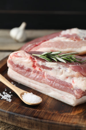 Pieces of raw pork belly, salt and rosemary on wooden board, closeupの写真素材