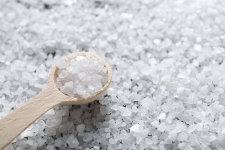 Natural salt and wooden spoon, closeup view