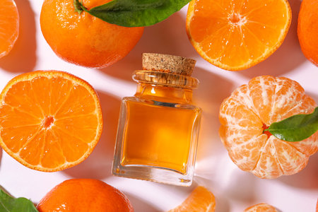 Aromatic tangerine essential oil in bottle, leaves and citrus fruits on white table, flat layの写真素材