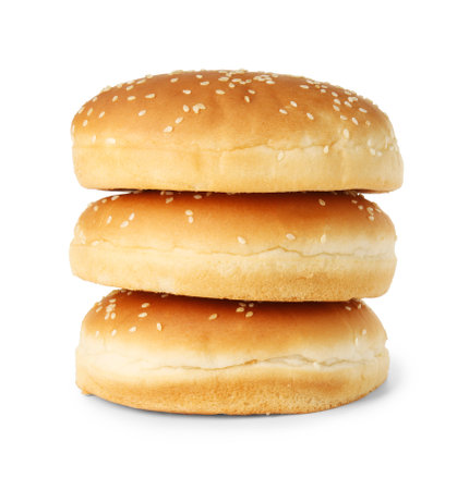 Stack of fresh hamburger buns isolated on whiteの写真素材