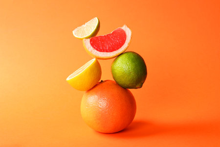 Fresh ripe citrus fruits on orange backgroundの写真素材