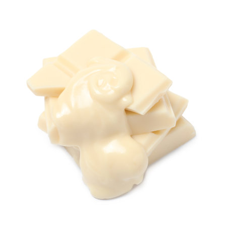 Pieces of chocolate with tasty paste isolated on white, above viewの写真素材