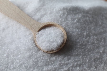 Wooden spoon on white sea salt, closeupの写真素材
