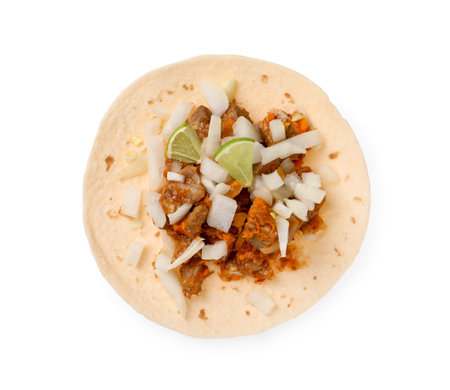 Delicious taco with vegetables, meat and lime isolated on white, top viewの写真素材