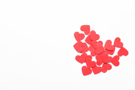 Paper hearts on white background, top view. Space for textの写真素材