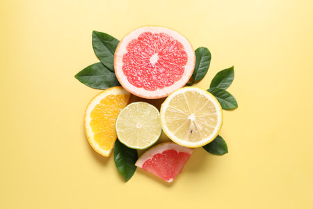 Different cut citrus fruits and leaves on yellow table, flat layの写真素材