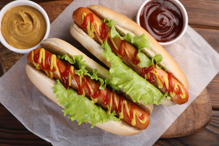 Tasty hot dogs with lettuce, ketchup and mustard on wooden table, top viewの写真素材