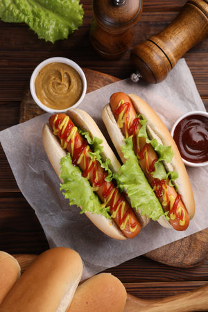 Tasty hot dogs with lettuce, ketchup and mustard on wooden table, flat layの写真素材