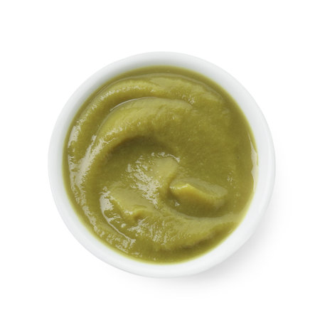 Bowl of healthy baby food isolated on white, top viewの写真素材