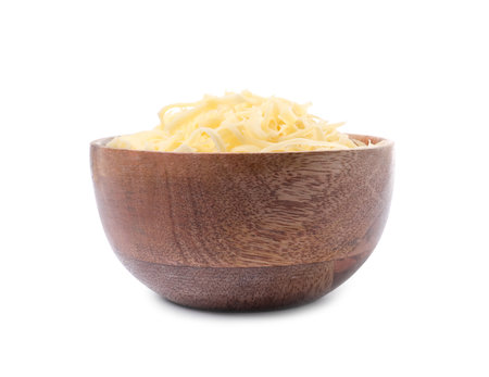 Tasty rated cheese in bowl isolated on whiteの写真素材
