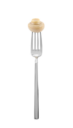 Fork with marinated mushroom isolated on whiteの写真素材