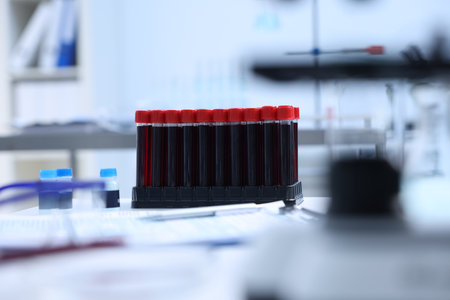 Test tubes with samples on table in laboratory