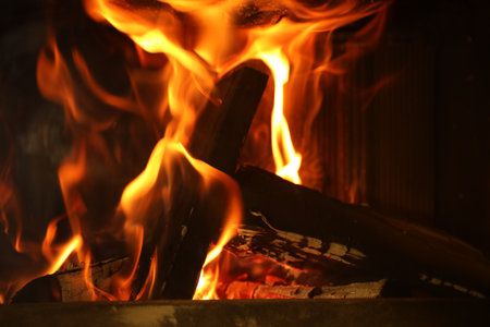 Bonfire with burning firewood on dark background, closeupの写真素材