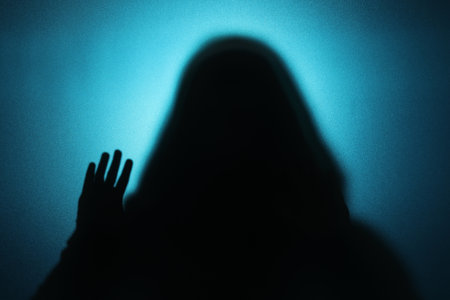 Silhouette of ghost behind glass against blue background